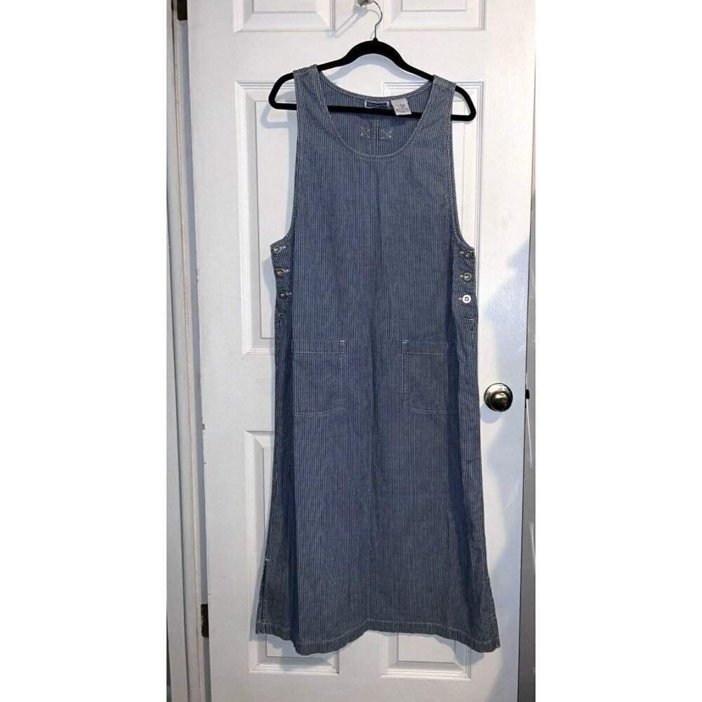 ERIKA & CO. Y2K Denim Thin Stripe Dungarees Maxi Jumper Dress Sz L - Picture 2 of 13
